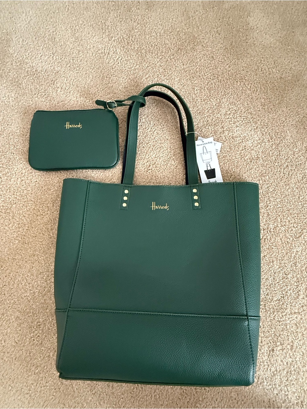 Harrods Dark Green Pebbled Leather Tote with Matching Pouch